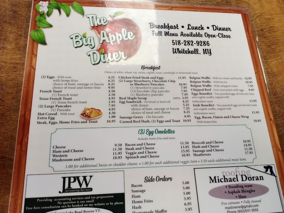 Diner menu showing sides and house-made salads.